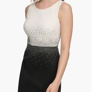 Calvin Klein Black & White Sleeveless Embellished Sheath Midi Dress